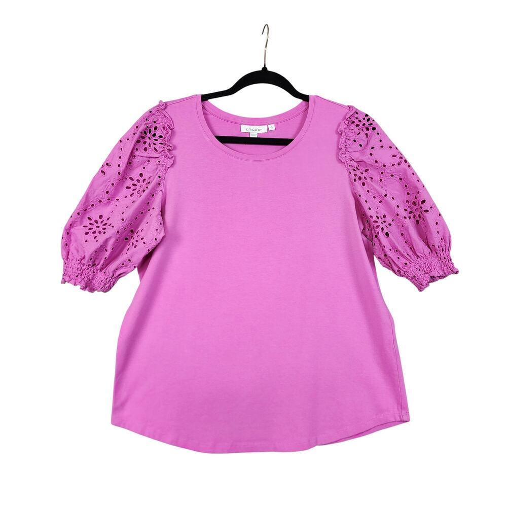 Chicos Womens Eyelet Smock Sleeve Knit Top Size Medium‎ Kalmia Pink Puff Sleeve